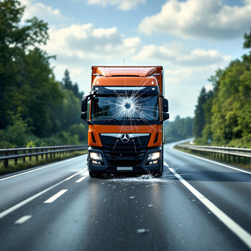 Stein trifft Windschutzscheibe eines Autos auf der Autobahn, Truck hebt ihn vom Asphalt auf.