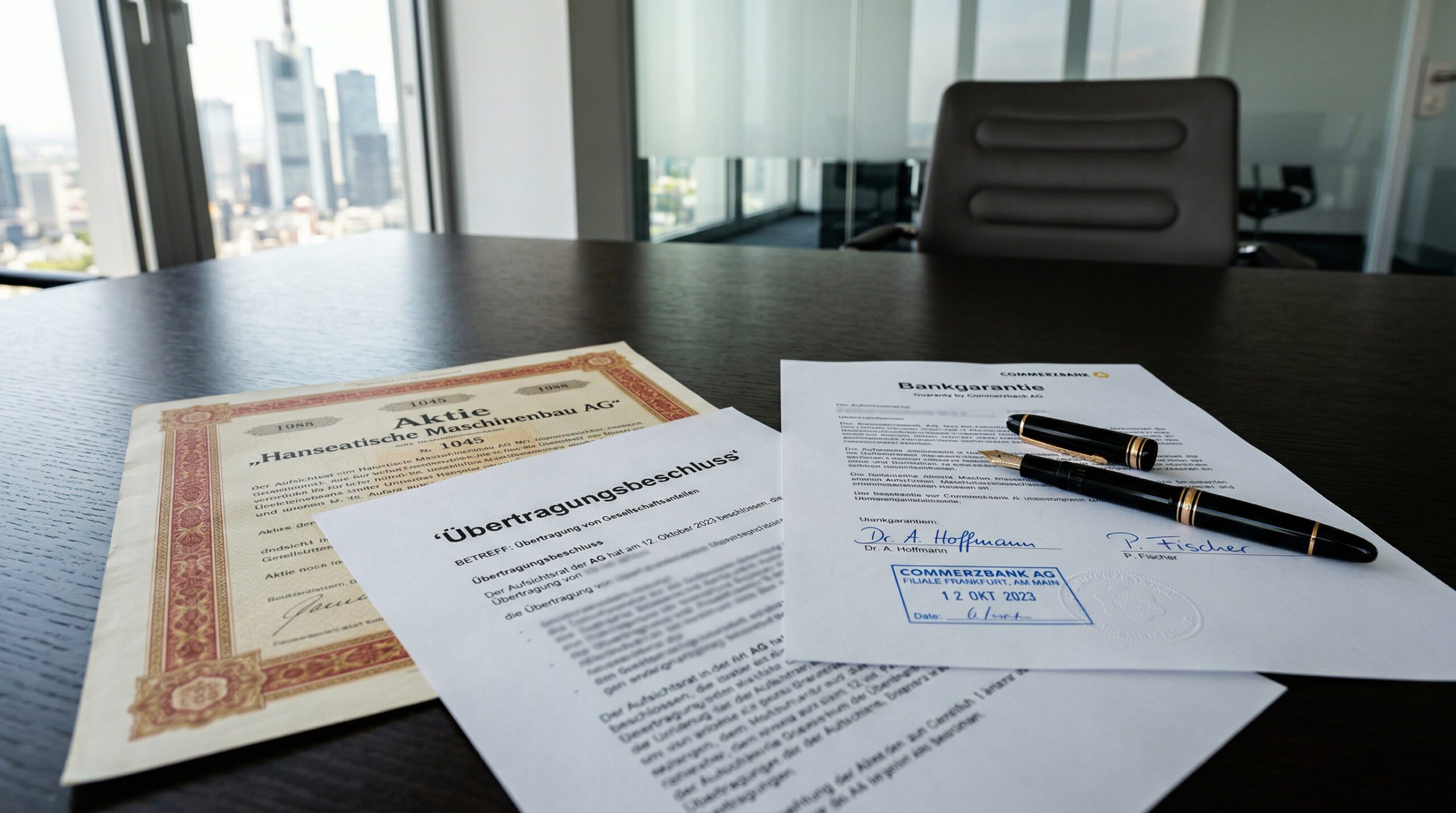 Aktienurkunde auf dunklem Tisch, teilweise verdeckt durch ein Übertragungsdokument mit Bankgarantie und blauem Stempel.