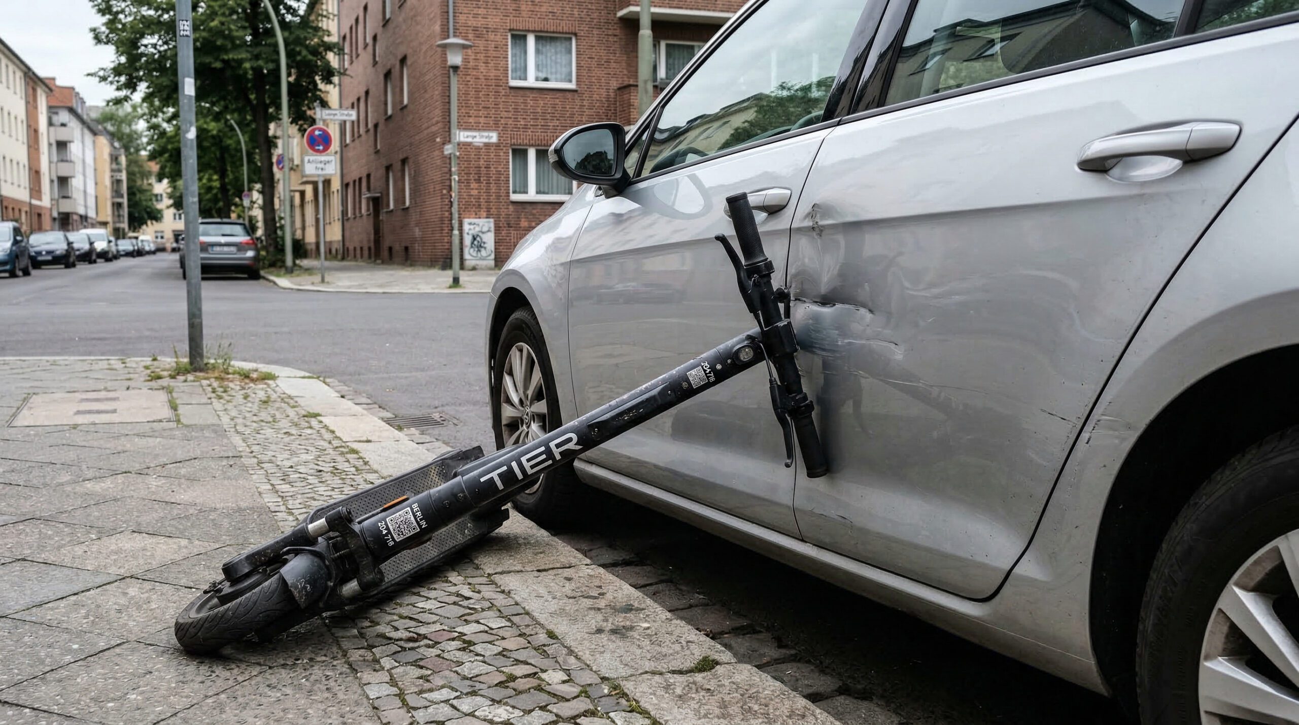 Umgekippter E-Scooter lehnt an einer zerkratzten Autotür auf einem menschenleeren Gehweg in einer deutschen Stadt.