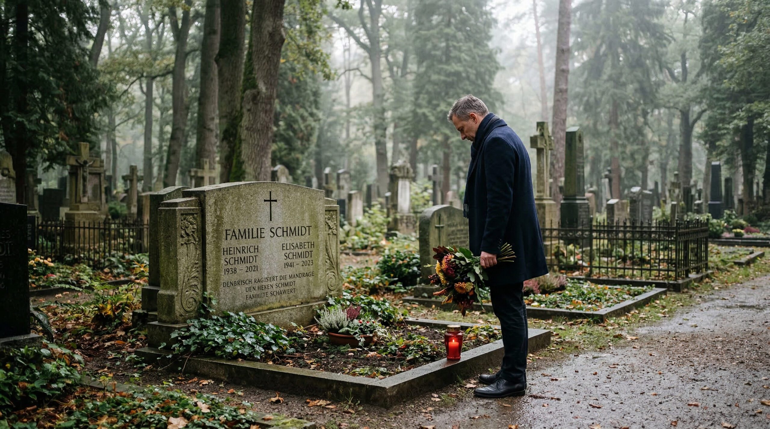 Trauernder Mann steht mit gesenktem Kopf und Blumenstrauß vor einem Doppelgrab auf einem ruhigen Friedhof mit alten Bäumen.