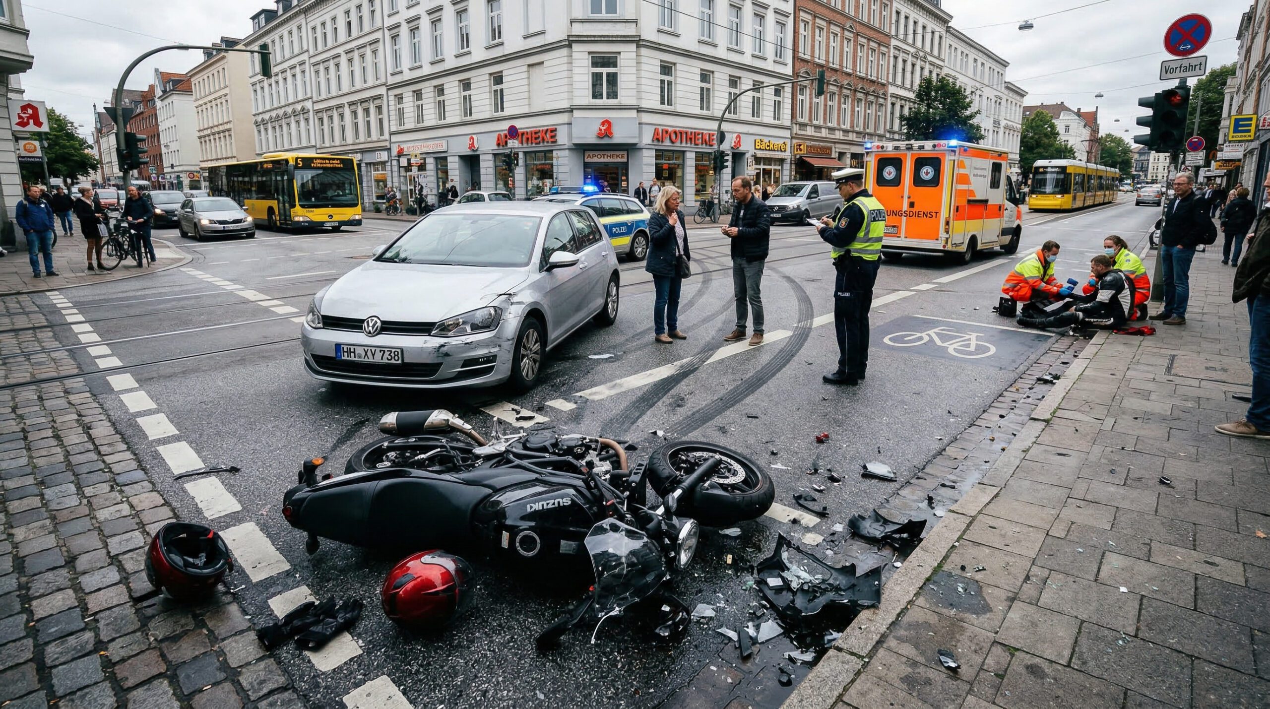 Zerstörtes Motorrad und verbeultes Auto an einer Kreuzung mit Glassplittern und Bremsspuren auf dem Asphalt.
