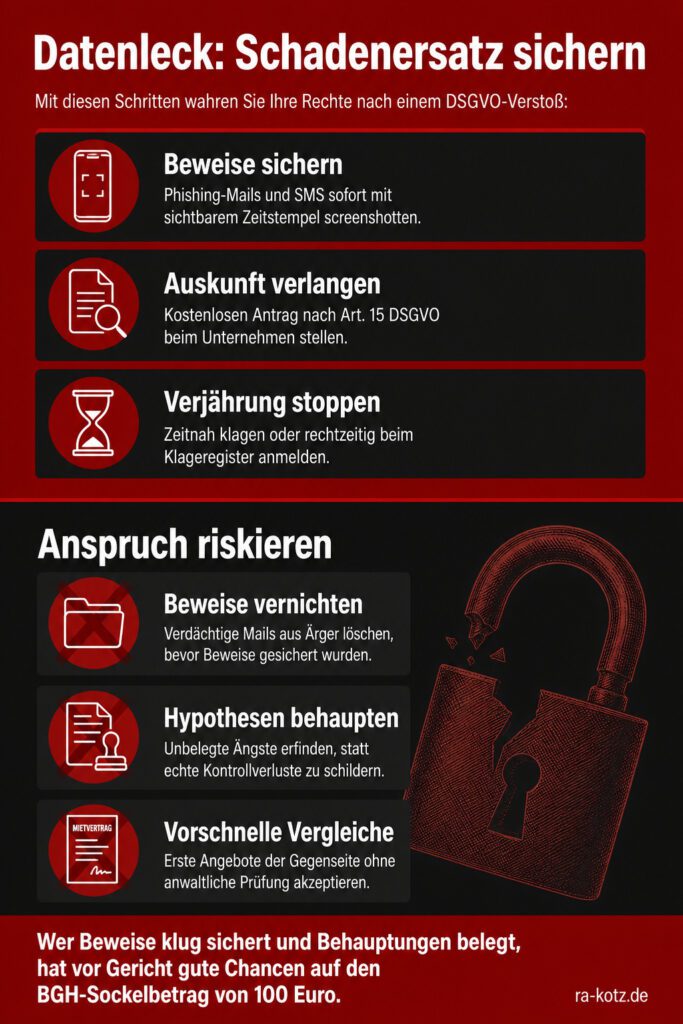 Infografik (Do's und Don'ts): Verhaltenstipps für Datenleck-Schadenersatz mit Schritten zur Beweissicherung und Warnungen.