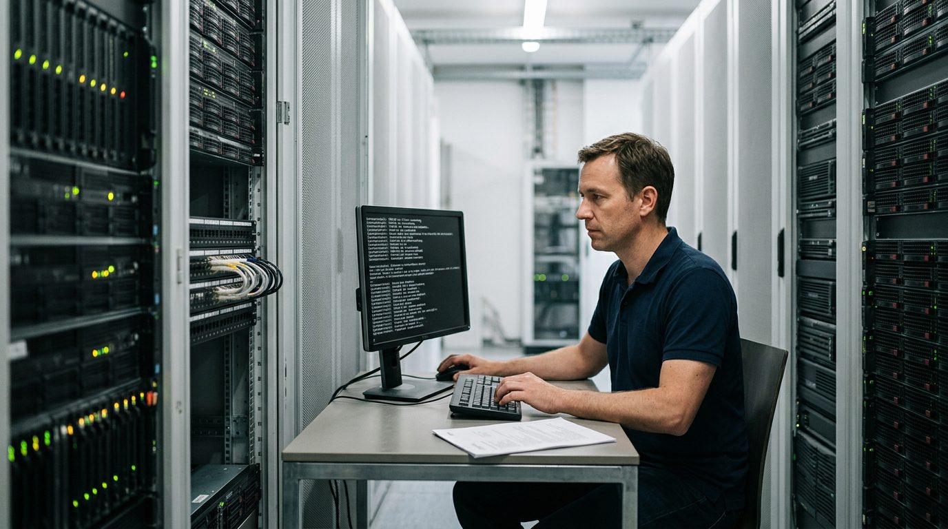 IT-Administrator prüft im Serverraum Systemlogs auf einem Monitor, offene Serverschränke mit LED-Anzeigen im Vordergrund.