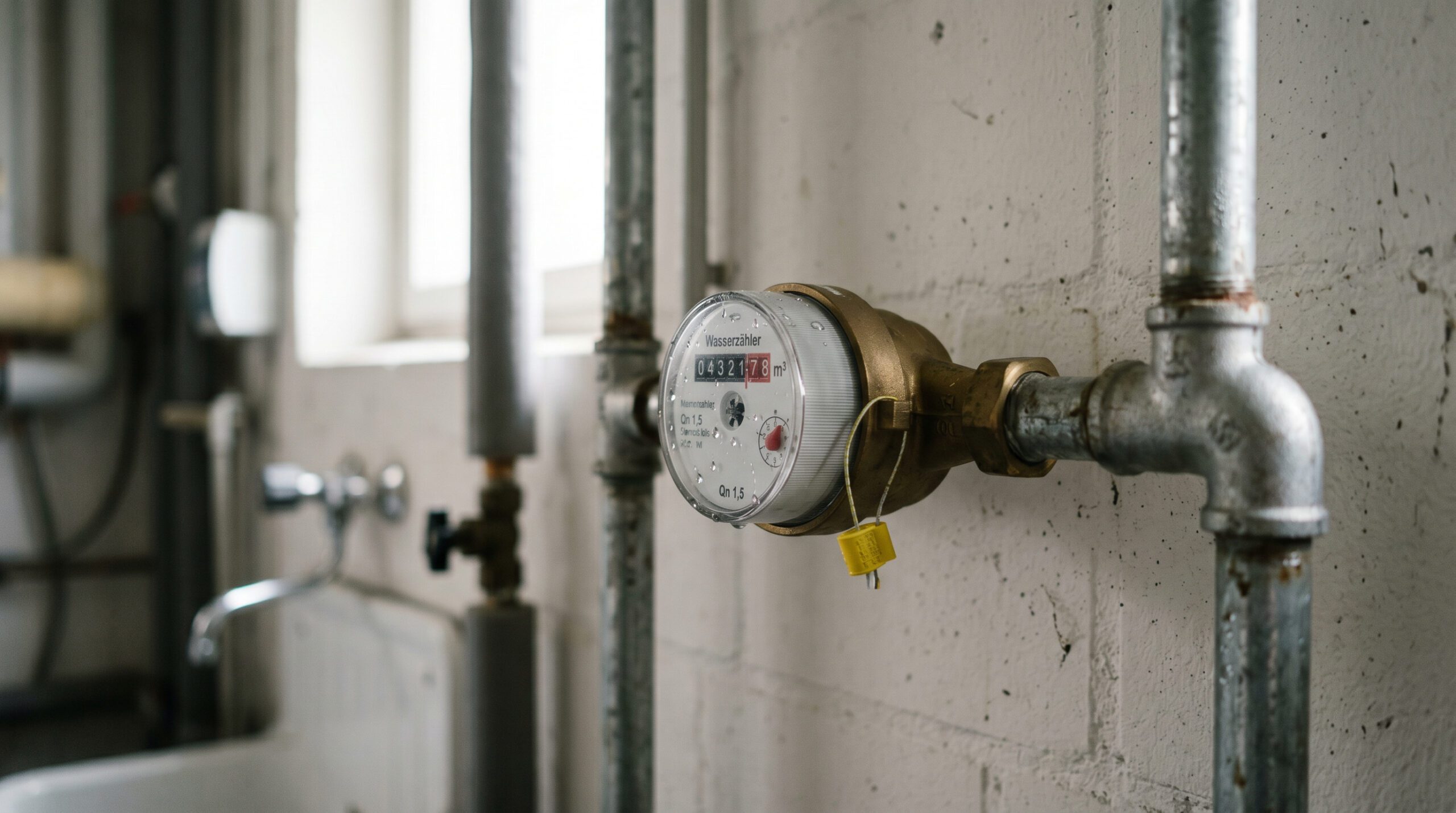 Ein geeichter Wasserzähler mit Eichplombe ist an einer Wasserleitung in einem Wirtschaftsgebäude montiert.