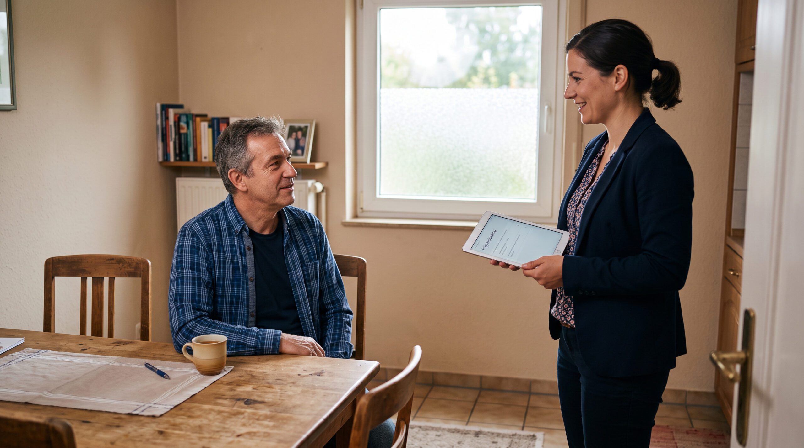 Resident sitzt angespannt am Esstisch während Interviewer Fragen auf einem Tablet stellt. Alltägliche Wohnsituation mit zwei