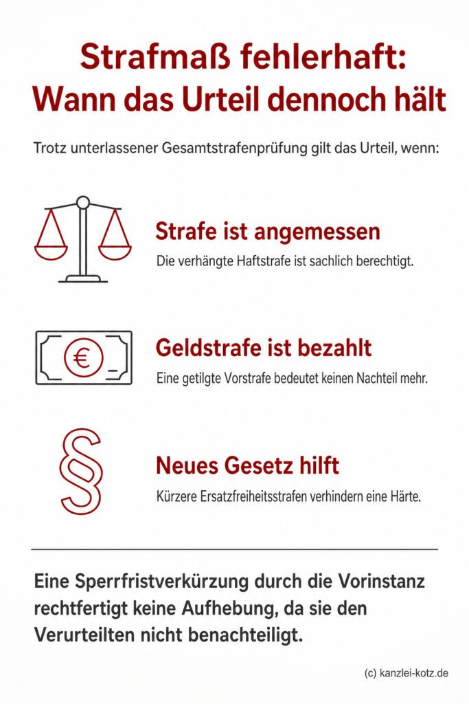 Infografik: Voraussetzungen, unter denen ein fehlerhaftes Strafurteil trotz Fehlern bei der Gesamtstrafenbildung im Revisionsverfahren Bestand hat, sofern das Strafmaß angemessen ist.